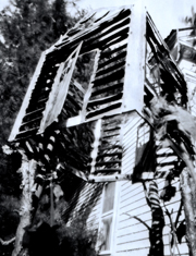 pinhole photo of copper house sculpture on stilts